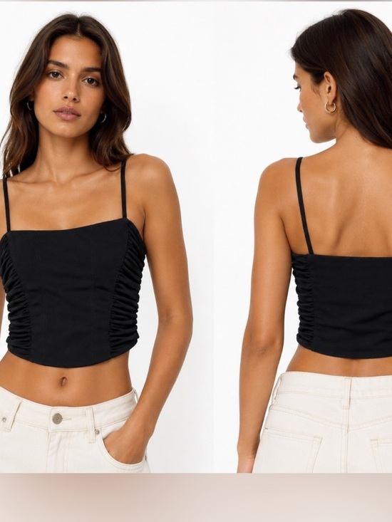 Zara Tops - Zara Black Ruched Bustier Crop Top Spaghetti Straps Zipper Side